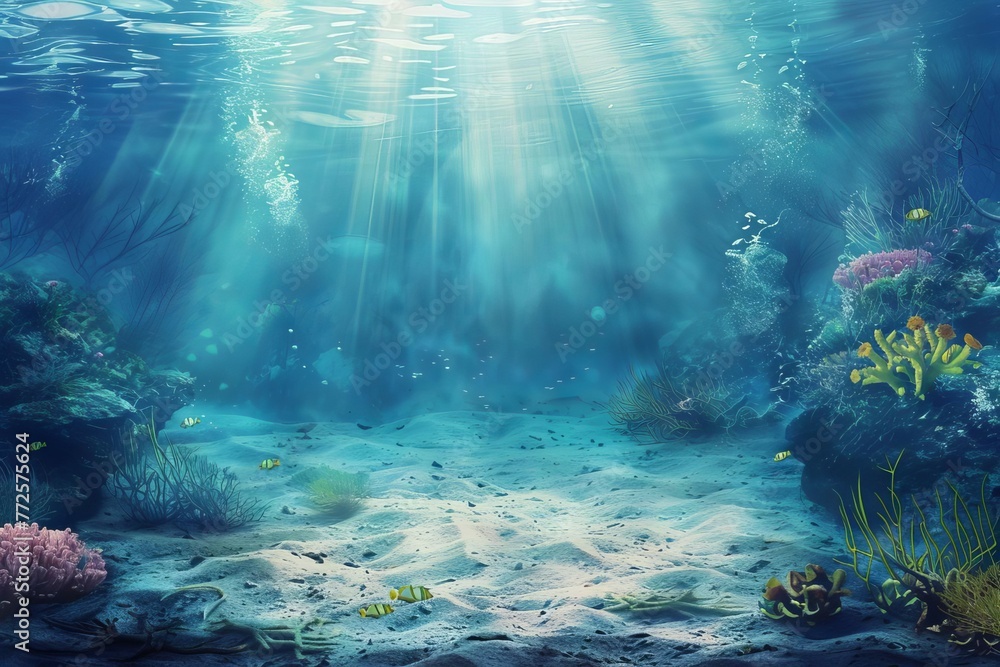 Magical fantasy underwater landscape with sea bed, mythical ocean scene illustration