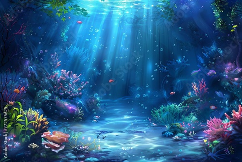 Magical fantasy underwater landscape with sea bed  mythical ocean scene illustration