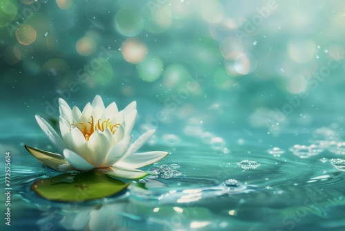 Magic glowing lotus flower on cold blue-green water with leaf and copy space, zen massage therapy background