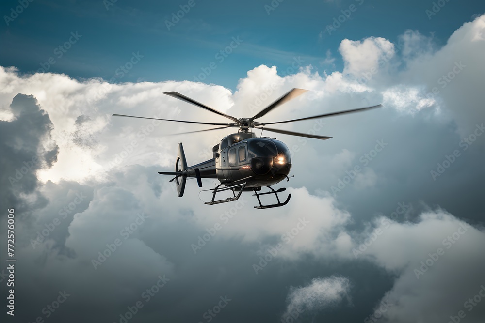 Small helicopter navigates through cloudy skies on its journey Small helicopter navigates through cloudy skies on its journey