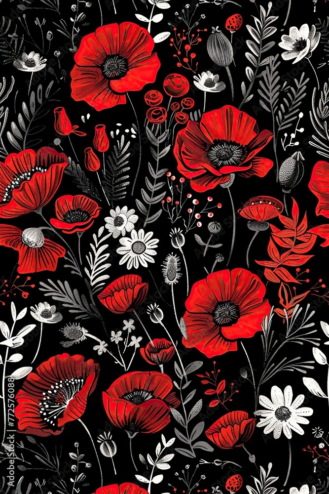 Red and White Flowers on Black Background Red and White Flowers on Black Background