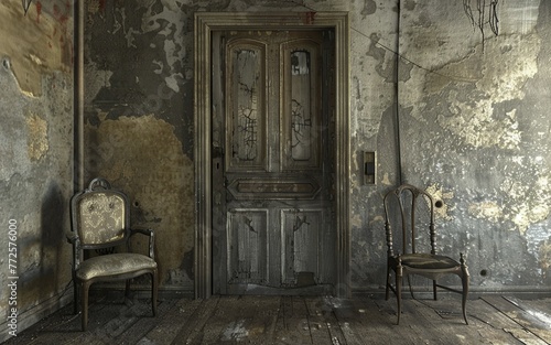 Two Chairs in a Room With Peeling Paint