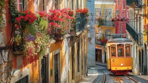 A yellow tram on a street with brightly colored flowers hanging from balconies and yellow houses photo
