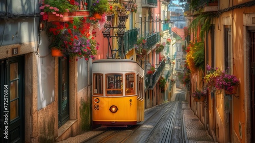 A yellow tram on a street with brightly colored flowers hanging from balconies and yellow houses photo