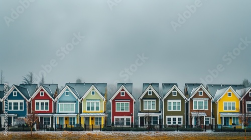 colorful houses lined up with green trees
