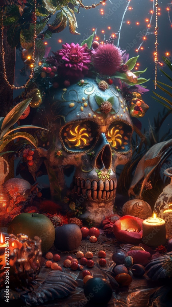 Mexican Day of the Dead. Skull, flowers, lights, native plants. Halloween. Dia De Los Muertos.