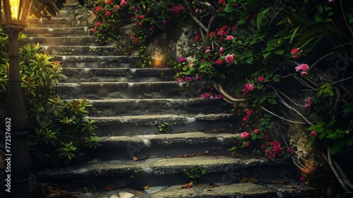 Ancient old medical stair steps with flowers wallpaper background