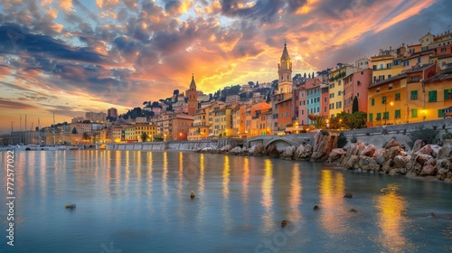 An evening in summer overlooking the historic district of the French Riviera in Menton. photo