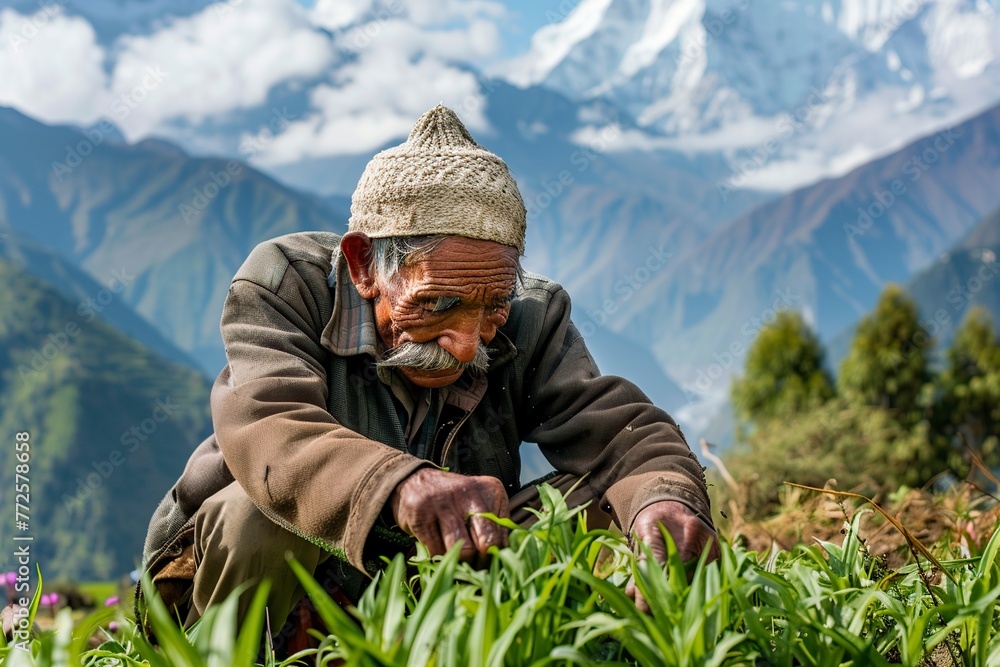 older man working in the field near the village