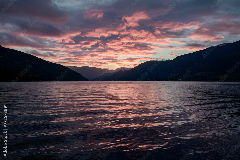 Sunset or sunrise over the lake creates mesmerizing natural backdrop