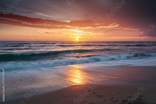 Sunset illuminates sandy beach, waves dance on Baltic Sea