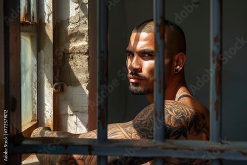 tattooed gang member sitting behind prison bars