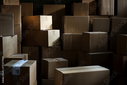 A collection of abandoned cardboard boxes - Lost shipments in a warehouse photo