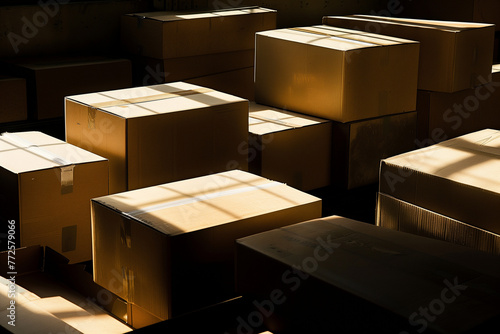 Multiple cardboard boxes in a murky warehouse photo