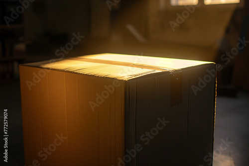 Cardboard box in sunlight in a warehouse photo