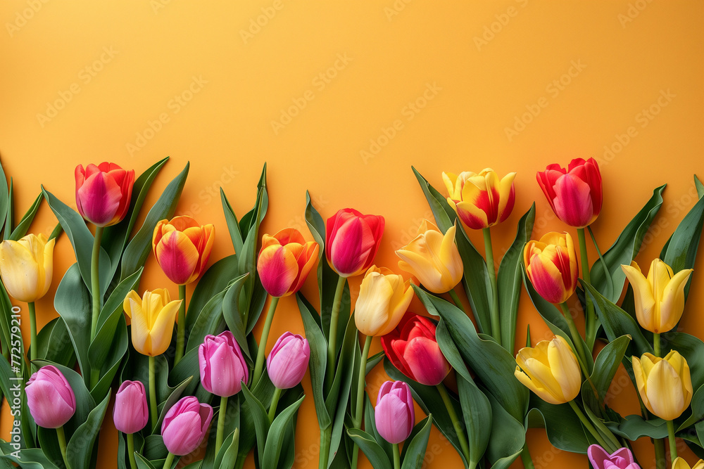Summer background of Tulip flowers on a yellow background.	