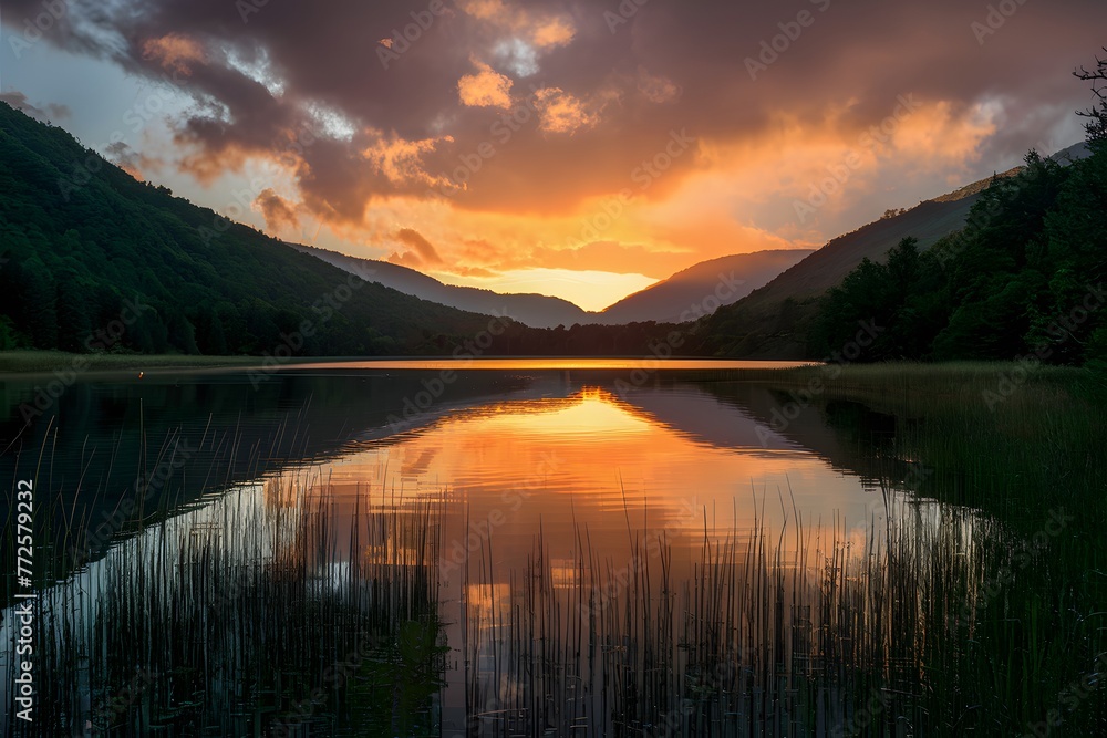 Sunsets golden hues cast magical glow over tranquil lake scene