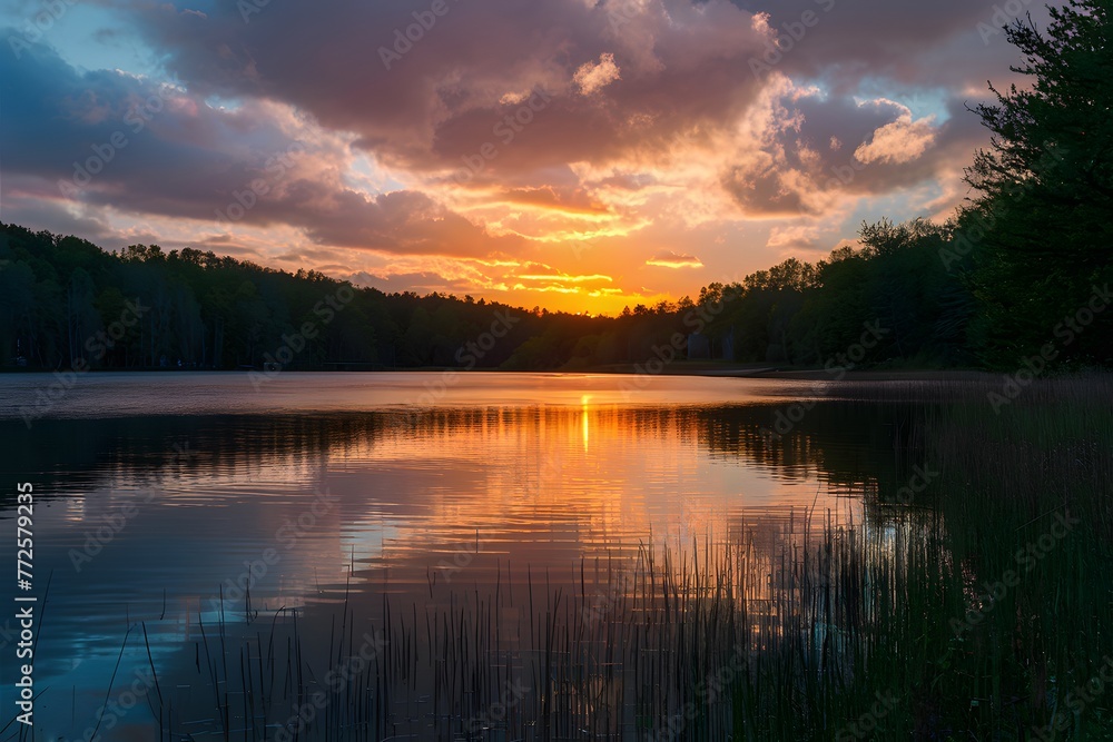 Fototapeta premium Sunsets golden hues cast magical glow over tranquil lake scene