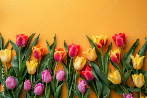 Summer background of Tulip flowers on a yellow background. 