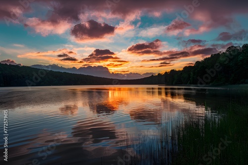 Sunset sunrise summer landscape with colorful clouds over lake