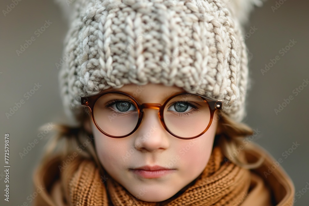 cute little boy in a knitted hat and glassess