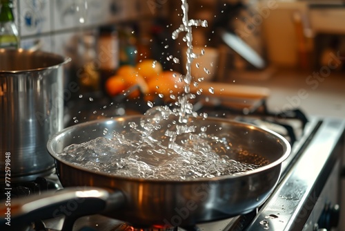 cook sterilizing water in a saucepan in the kitchen photo