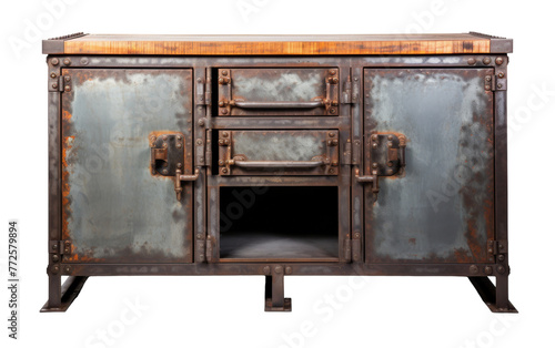 A large metal cabinet with a wooden door, standing out in a surreal setting