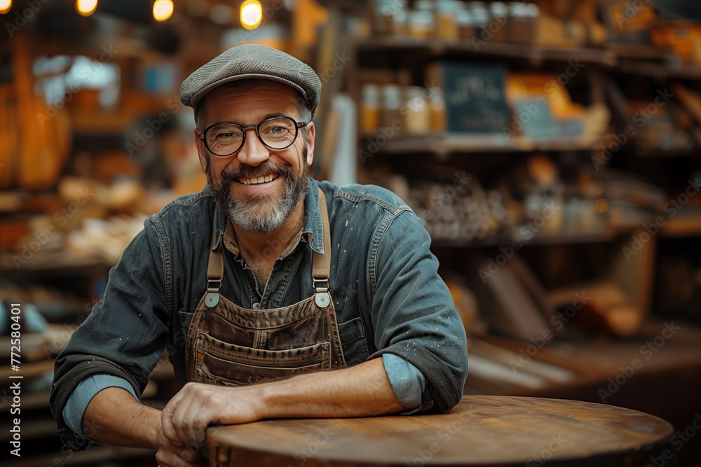 Portrait of a smiling mature craftsman in eyeglasses leaning on a wooden table Portrait of a smiling mature craftsman in eyeglasses leaning on a wooden table