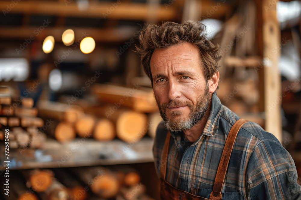 Portrait of a handsome mature woodworker standing in his workshop and looking at camera Portrait of a handsome mature woodworker standing in his workshop and looking at camera