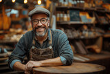 Portrait of a smiling mature craftsman in eyeglasses leaning on a wooden table