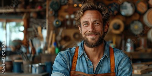 Portrait of smiling mature craftsman in workshop.