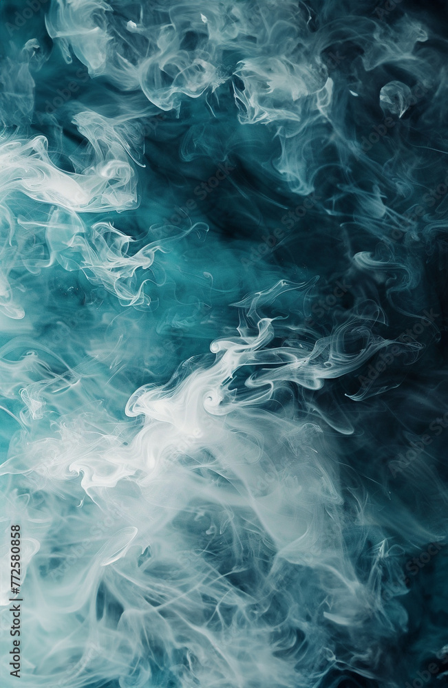 Smokey abstract background with blue, grey, white and black wisps of smoke swirling and mixing.
