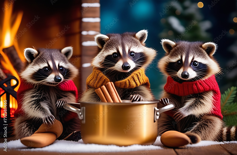 Cute little raccoons are sitting by the fire. Banner. Cute little raccoons are sitting by the fire. Banner.