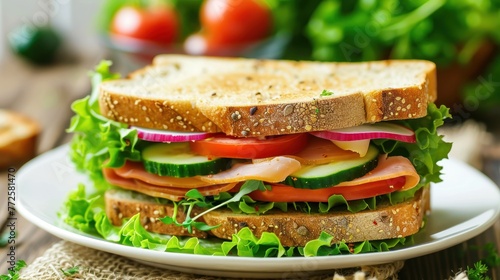 Close up delicious stack sandwich food menu on white plate background. AI generated image