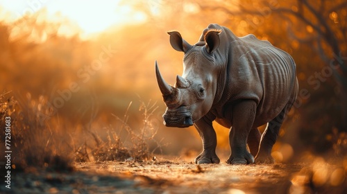 Animal wildlife photography rhino with natural sunny view background. AI generated image