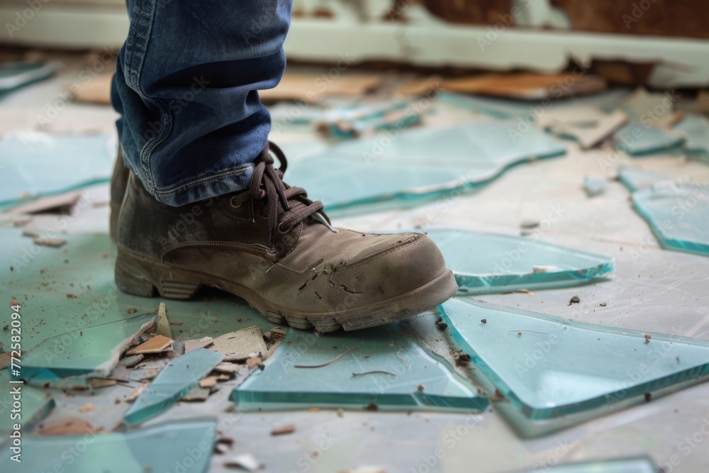 Person Standing on Broken Glass Floor Person Standing on Broken Glass Floor