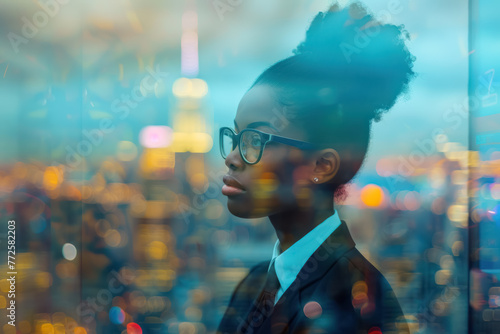 confident black businesswoman with glasses over city night lights
