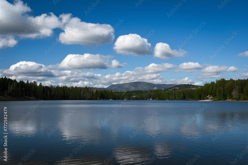 White clouds drift lazily over lake against blue sky backdrop