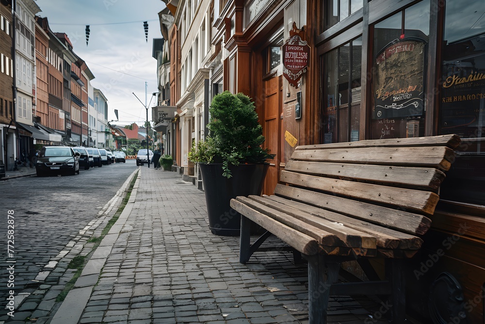 Wooden bench offers a quaint resting spot on the bustling street