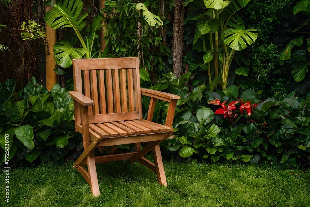Wooden chair blends seamlessly into gardens lush backdrop Wooden chair blends seamlessly into gardens lush backdrop