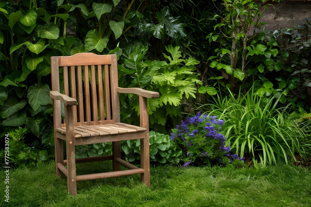 Wooden chair blends seamlessly into gardens lush backdrop Wooden chair blends seamlessly into gardens lush backdrop