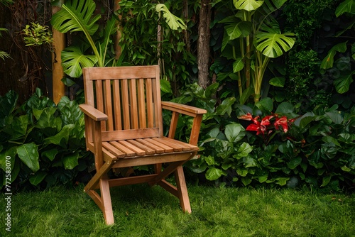 Wooden chair blends seamlessly into gardens lush backdrop