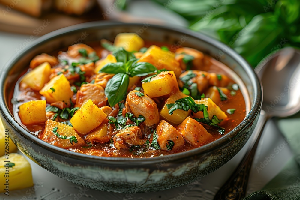 A bowl of chicken goulash with potatoes on a white background. A bowl of chicken goulash with potatoes on a white background.