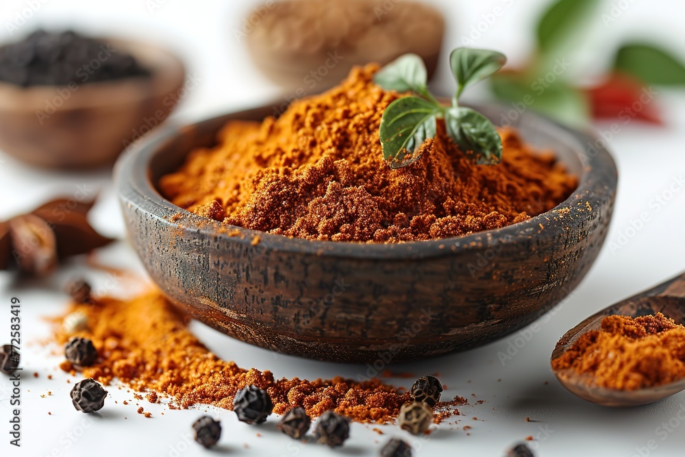 A photo of a wooden spoon filled with dry paprika powder A photo of a wooden spoon filled with dry paprika powder