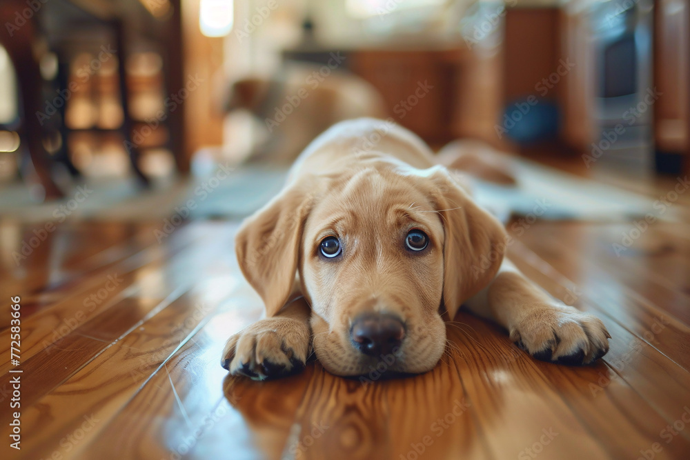 Labrador Retriever puppy lying on the wooden floor at home. AI. - obrazy, fototapety, plakaty 