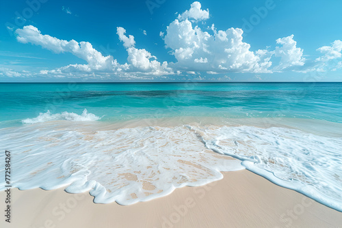 Beautiful sandy beach with white sand and rolling calm wave of turquoise ocean on Sunny day on background white clouds in blue sky. Island in Maldives, colorful perfect panoramic natural landscape photo