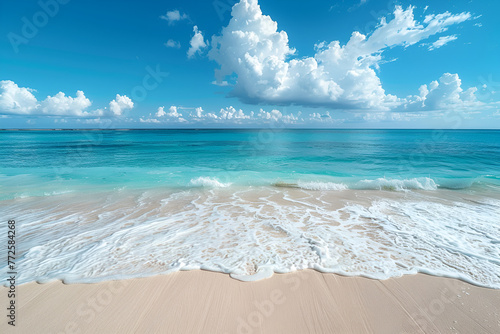Beautiful sandy beach with white sand and rolling calm wave of turquoise ocean on Sunny day on background white clouds in blue sky. Island in Maldives, colorful perfect panoramic natural landscape photo