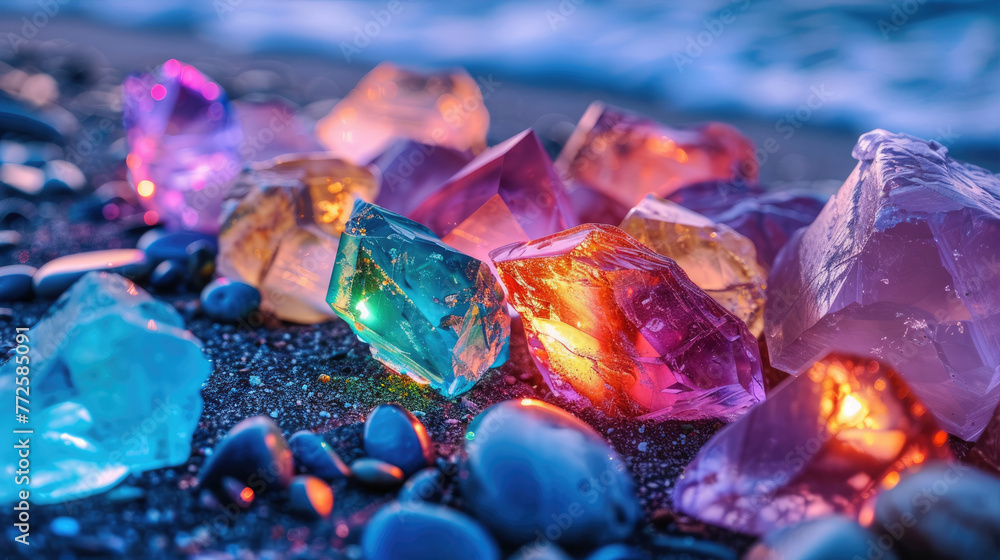 Colorful neon gemstones on a beach. Mystical glow. Colorful neon gemstones on a beach. Mystical glow.