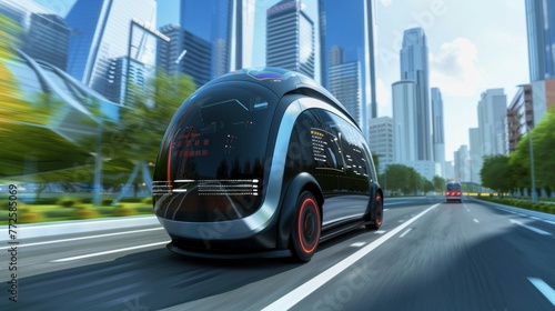 Futuristic Car Drives Through City Street photo