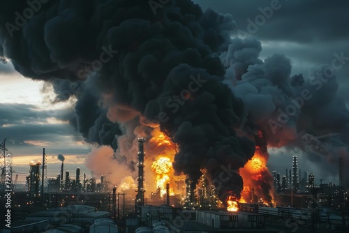 Major fire explosion at industrial oil refinery, powerful black smoke cloud rising